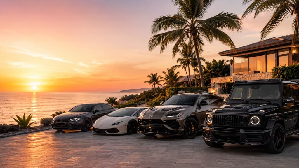 Vehicules de luxe au coucher du soleil